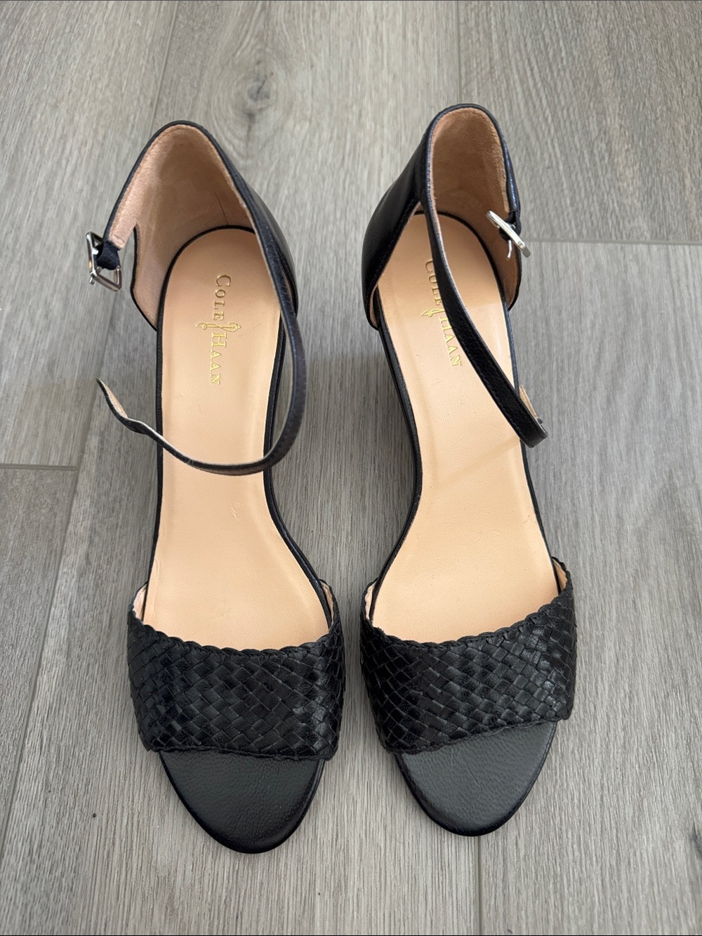 Cole Haan Black Woven Leather Ankle-Strap Heels